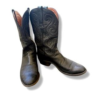 LUCCHESE COWBOY BOOTS 9 1/2 Men’s Black Made in USA BLACK LEATHER